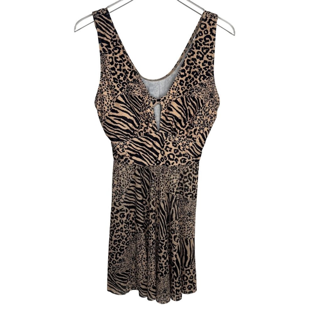 Animal Print V-Neck Tankini‎ Swimsuit Set Sheer Top and High-Waist Bottom Sz 1XL